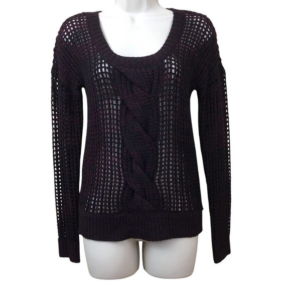 Express Loose Weave Pullover Sweater Maroon Black Cable Knit Scoop Neck - Picture 9 of 16